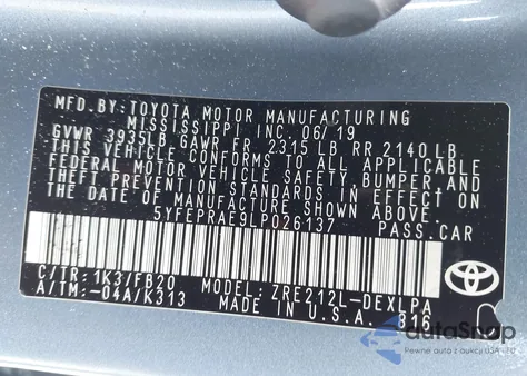 2020 Toyota Corolla Le z USA, uszkodzony, nr VIN 5YFEPRAE9LP026137